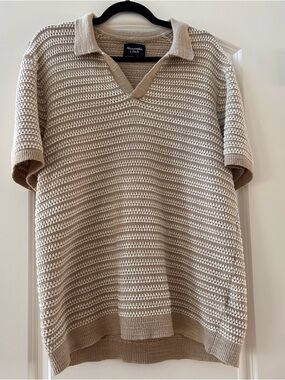 Abercrombie & Fitch Open Knit Striped Johnny Collar Retro 100% Cotton Sweater. L